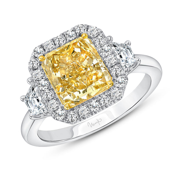 Uneek Natureal Collection 3-Stone-Halo Radiant Yellow Diamond Engagement Ring