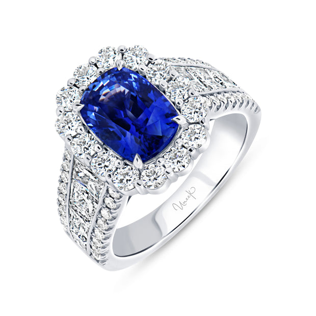 Uneek Precious Collection Halo Cushion Blue Sapphire Engagement Ring