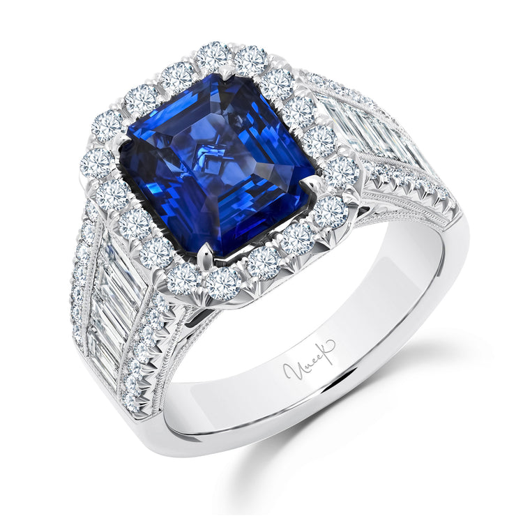 Uneek Precious Collection Halo Cushion Blue Sapphire Engagement Ring