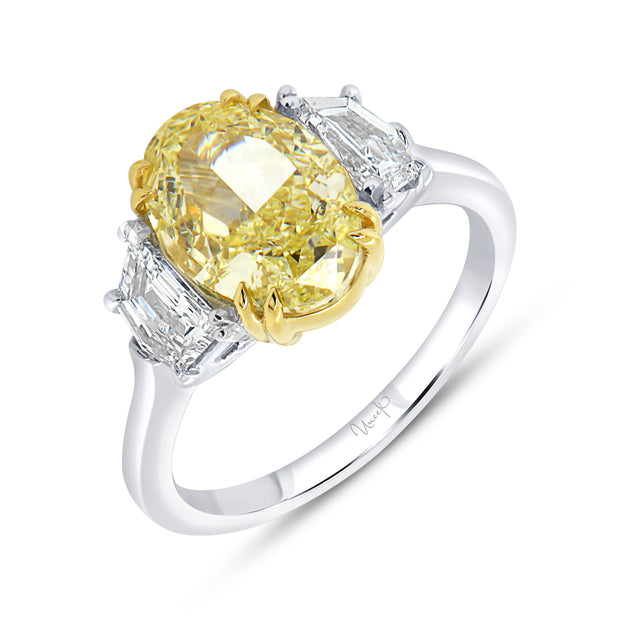 Uneek Natureal Collection Three-Stone Oval Shaped Fancy Yellow Diamond Engagement Ring