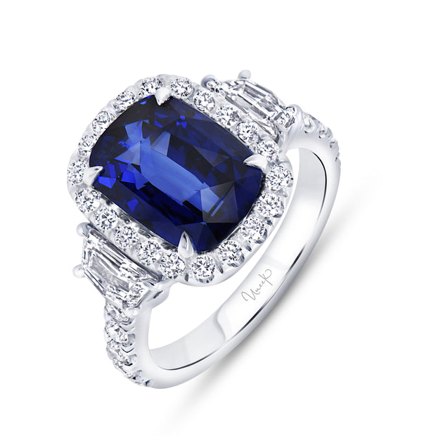 Uneek Precious Collection 3-Stone-Halo Cushion Blue Sapphire Engagement Ring