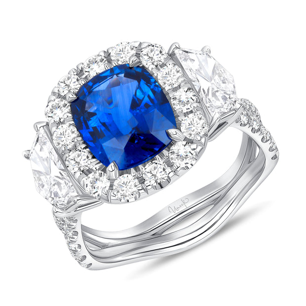 Uneek Precious Collection 3-Stone-Halo Cushion Blue Sapphire Engagement Ring
