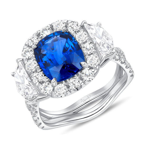 Uneek Precious Collection Halo Cushion Cut Blue Sapphire Engagement Ring