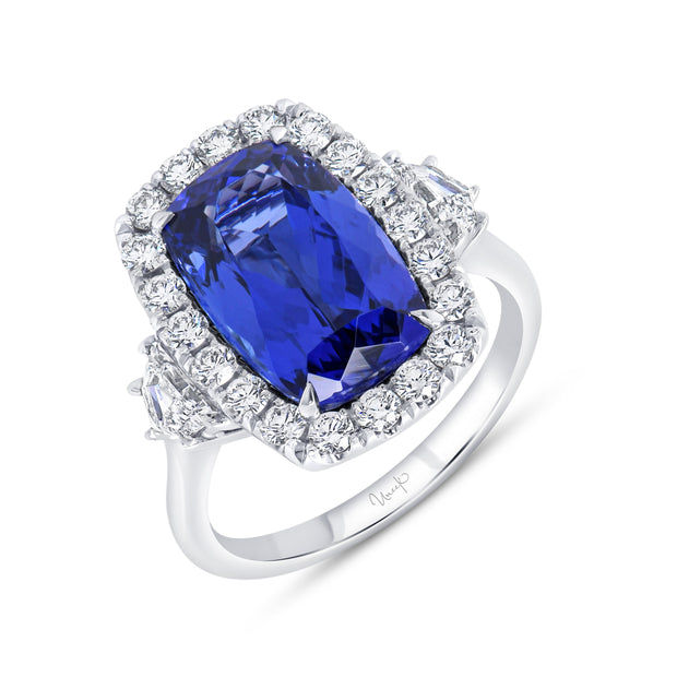 Uneek Precious Collection 3-Stone-Halo Cushion Tanzanite Engagement Ring