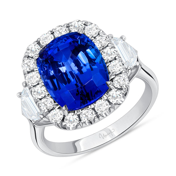 Uneek Precious Collection 3-Stone-Halo Cushion Tanzanite Engagement Ring