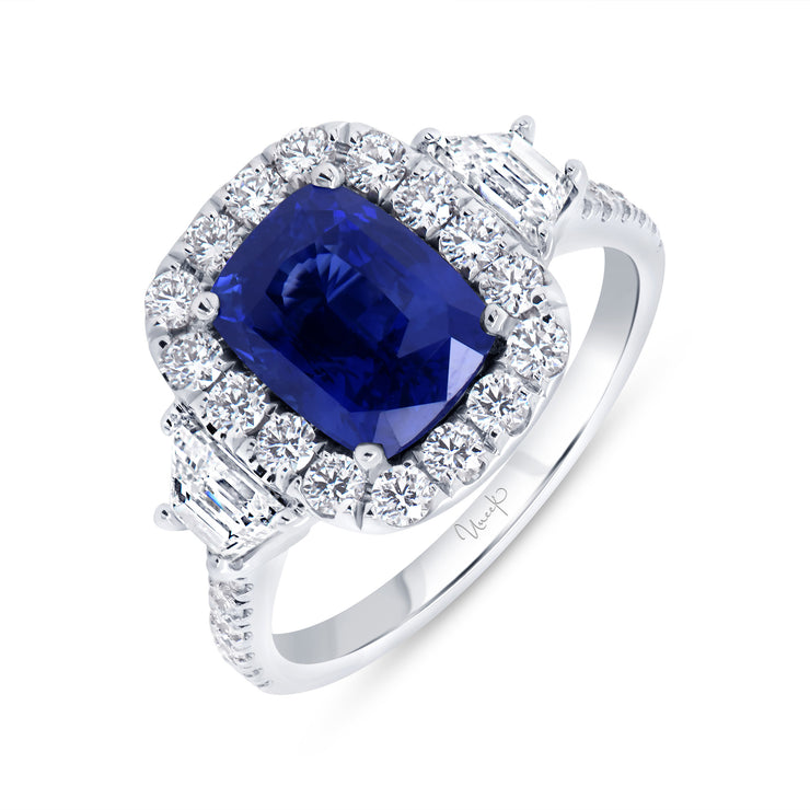 Uneek Precious Collection 3-Stone-Halo Cushion Blue Sapphire Engagement Ring