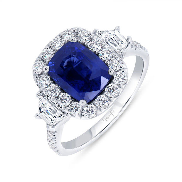 Uneek Precious Collection 3-Stone-Halo Cushion Blue Sapphire Engagement Ring
