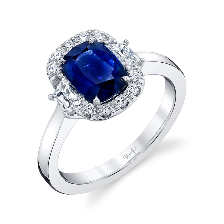 Uneek Precious Collection 3-Stone-Halo Cushion Blue Sapphire Engagement Ring