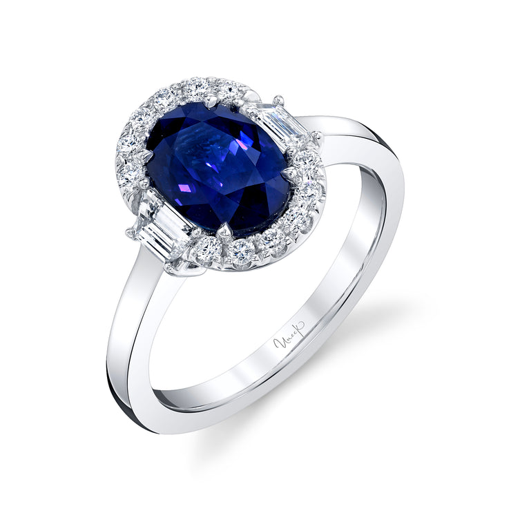 Uneek Precious Collection 3-Stone-Halo Oval Blue Sapphire Engagement Ring