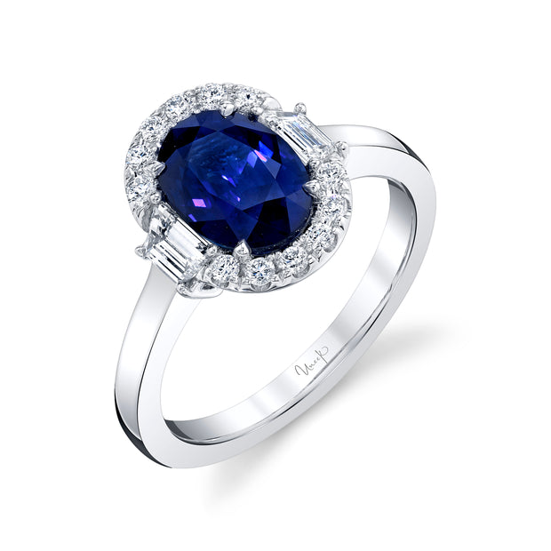 Uneek Precious Collection 3-Stone-Halo Oval Blue Sapphire Engagement Ring