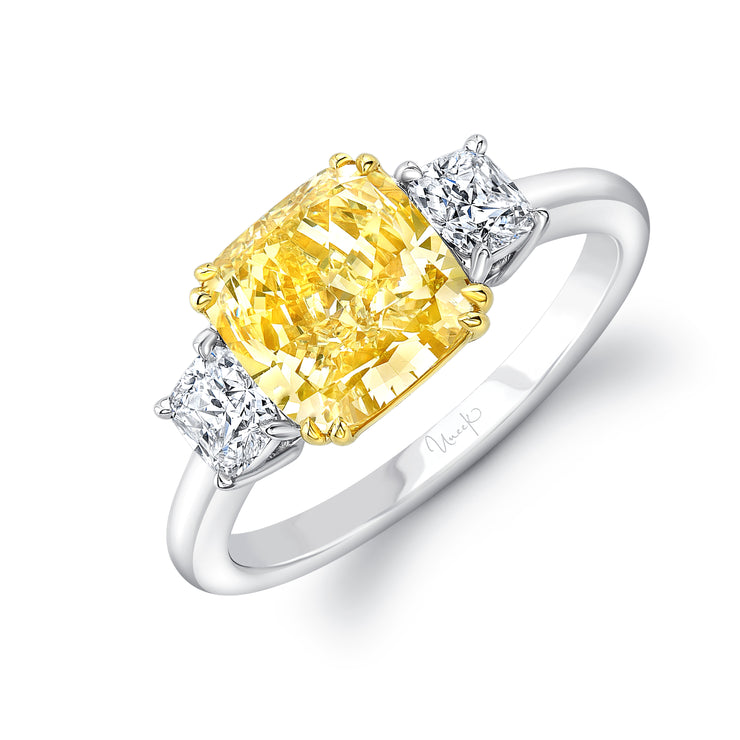 Uneek Natureal Collection Three-Stone Cushion Fancy Yellow Diamond Engagement Ring