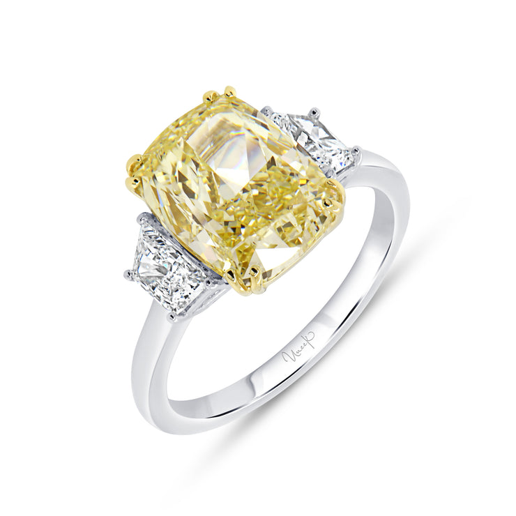 Uneek Natureal Collection Three-Stone Cushion Cut Fancy Light Yellow Diamond Engagement Ring