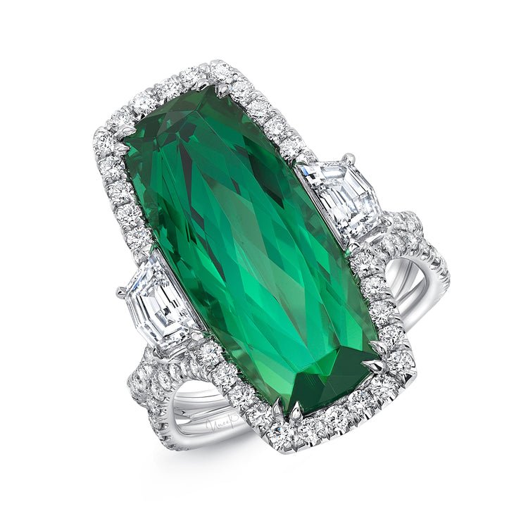 Uneek Precious Collection 3-Stone-Halo Cushion Green Tourmaline Engagement Ring