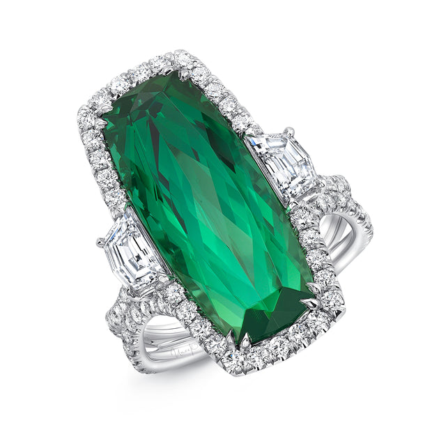 Uneek Precious Collection 3-Stone-Halo Cushion Green Tourmaline Engagement Ring