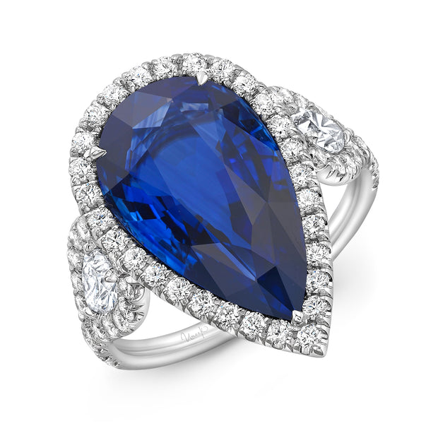 Uneek Precious Collection 3-Stone-Halo Pear Blue Sapphire Engagement Ring
