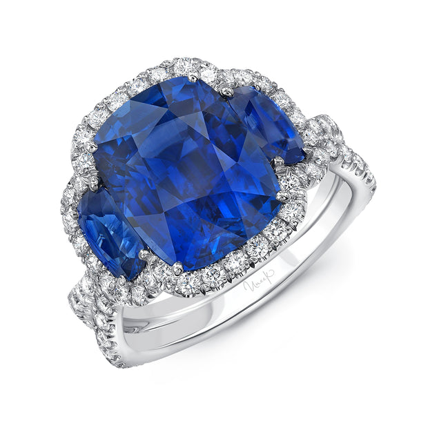 Uneek Precious Collection 3-Stone-Halo Cushion Blue Sapphire Engagement Ring