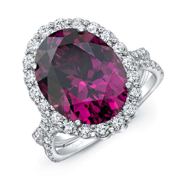Uneek Precious Collection Halo Oval Shaped Rhodolite Engagement Ring