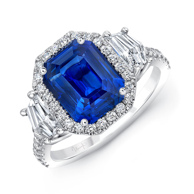 Uneek Precious Collection Halo Emerald Cut Blue Sapphire Engagement Ring