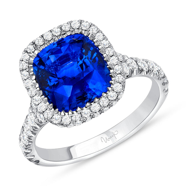 Uneek Precious Collection Halo Cushion Blue Sapphire Engagement Ring