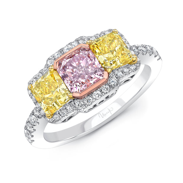 Uneek Natureal Collection 3-Stone-Halo Radiant Pink Diamond Engagement Ring