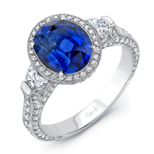 Uneek Precious Collection 3-Stone-Halo Oval Blue Sapphire Engagement Ring