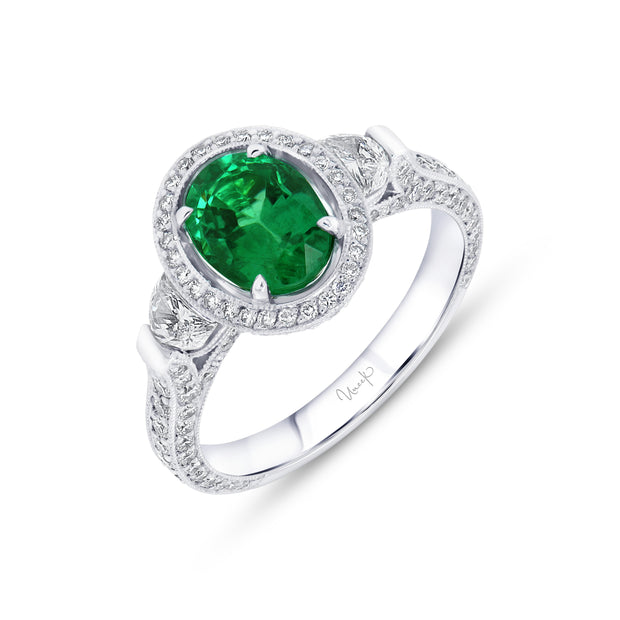Uneek Precious Collection 3-Stone-Halo Oval Green Diamond Engagement Ring