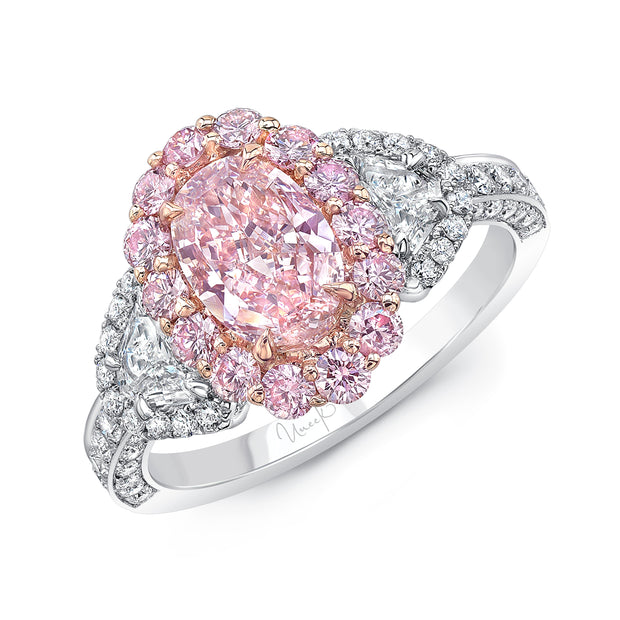Uneek Oval Light Pink Diamond Engagement Ring SI2 GIA Certified with Pink Purple Diamonds, White Round and Half Moon Shaped Diamonds Side Stones