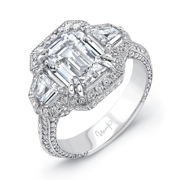 Uneek Deco-Inspired Diamonds-All-Around Emerald-Center Three-Stone Engagement Ring