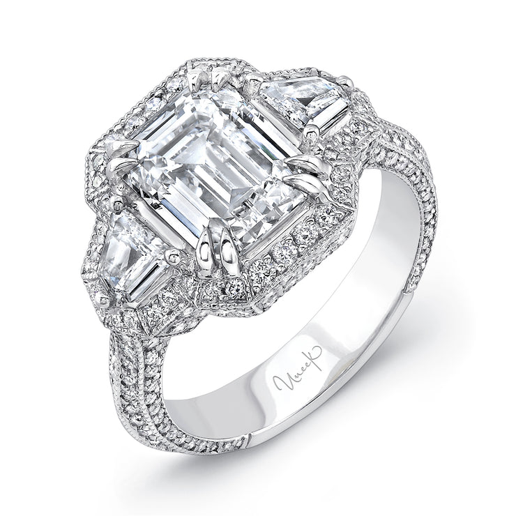 Uneek Signature Collection 3-Stone-Halo Emerald Diamond Engagement Ring