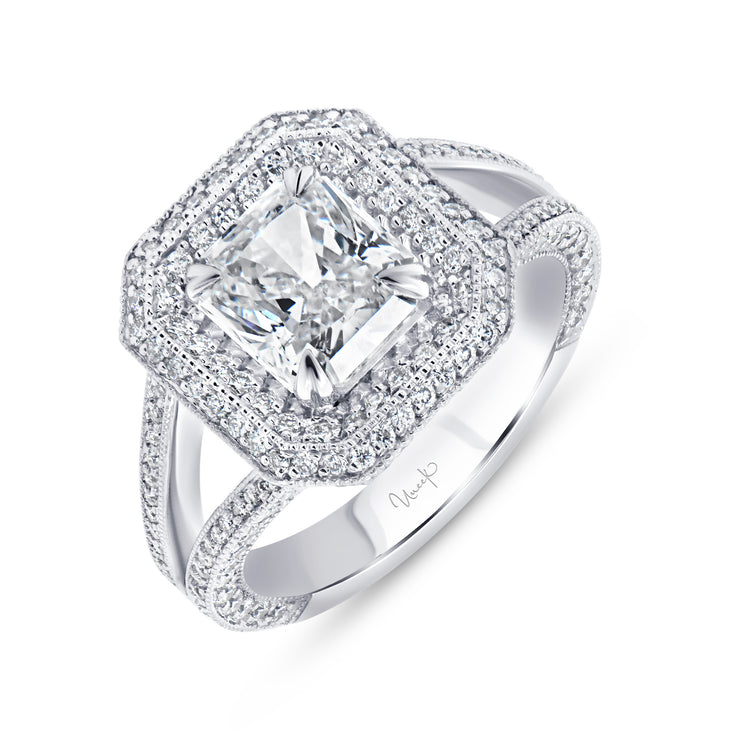 Uneek Signature Collection Double-Halo Radiant Diamond Engagement Ring