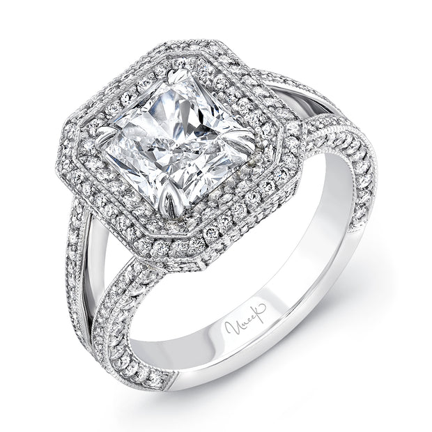 Uneek Signature Collection Double-Halo Radiant Diamond Engagement Ring