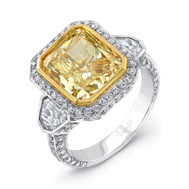 Uneek Natureal Collection 3-Stone-Halo Cushion Fancy Yellow Diamond Engagement Ring