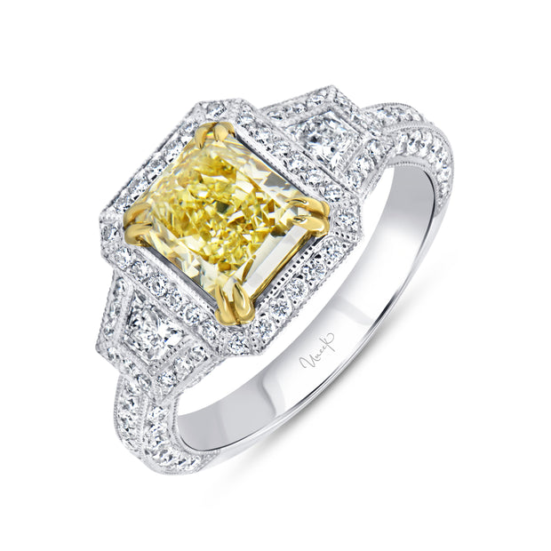 Uneek Natureal Collection 3-Stone-Halo Radiant Yellow Diamond Engagement Ring