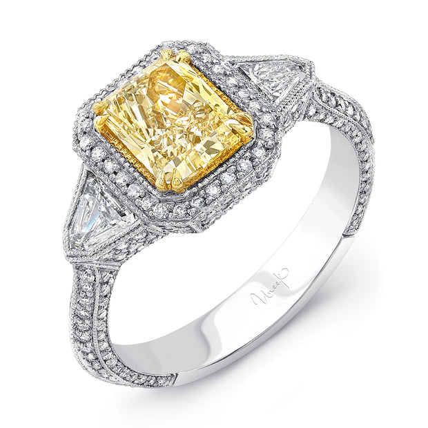 Uneek Natureal Collection 3-Stone-Halo Radiant Fancy Yellow Diamond Engagement Ring
