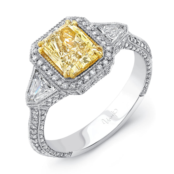 Uneek Natureal Collection 3-Stone-Halo Radiant Fancy Yellow Diamond Engagement Ring