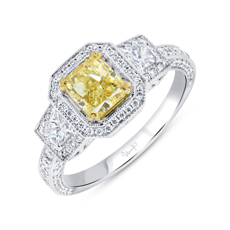 Uneek Natureal Collection 3-Stone-Halo Cushion Yellow Diamond Engagement Ring