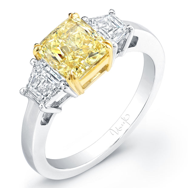 Uneek Natureal Collection Three-Stone Cushion Fancy Yellow Diamond Engagement Ring