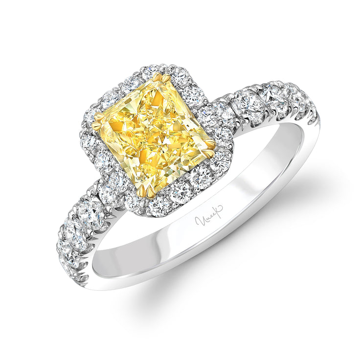Uneek Natureal Collection Halo Radiant Fancy Yellow Diamond Engagement Ring
