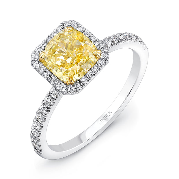 Uneek Natureal Collection Halo Cushion Cut Fancy Yellow Diamond Engagement Ring