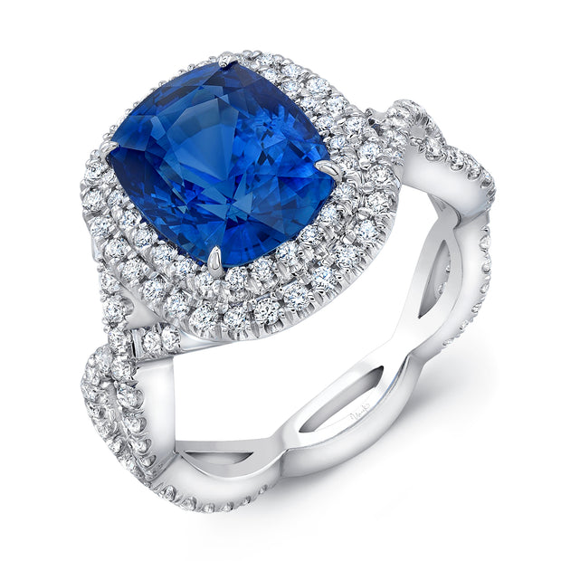 Uneek 5-Carat Cushion-Cut Sapphire Engagement Ring with Dreamy Double Halo and Elegant Crisscross Shank