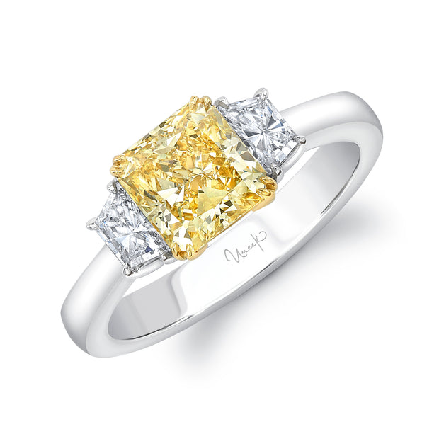 Uneek Natureal Collection Three-Stone Cushion Cut Yellow Diamond Engagement Ring