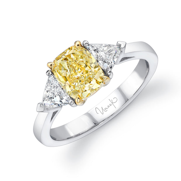 Uneek Natureal Collection Three-Stone Cushion Fancy Yellow Diamond Engagement Ring