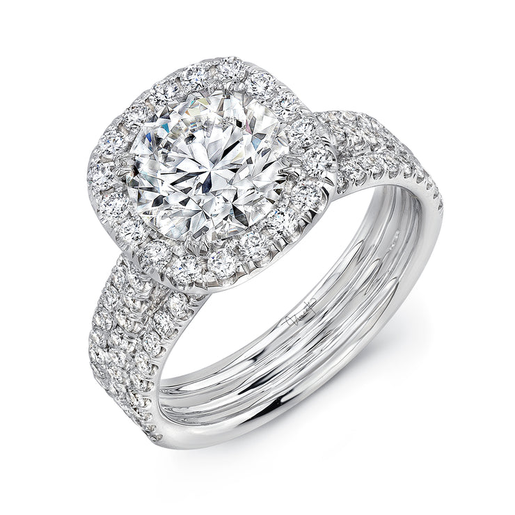 Uneek Round Diamond Engagement Ring with Cushion-Shaped Halo and Pave Triple Shank