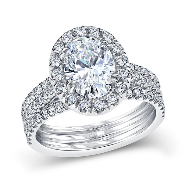 Uneek Oval Diamond Halo Engagement Ring with Pave Triple Shank