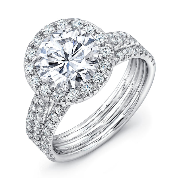 Uneek Round Diamond Halo Engagement Ring with Pave Triple Shank