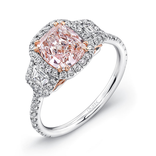 Uneek Natureal Collection 3-Stone-Halo Cushion Light Pink Diamond Engagement Ring