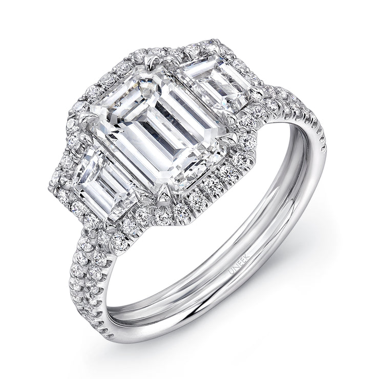 Uneek Emerald-Cut Diamond Three-Stone Engagement Ring with Round Diamond Halo and Pave Double Shank