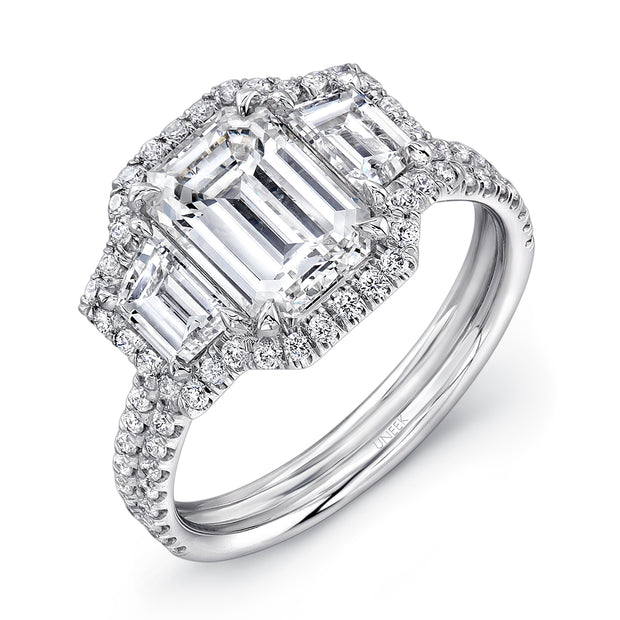 Uneek Signature Collection 3-Stone-Halo Emerald Diamond Engagement Ring