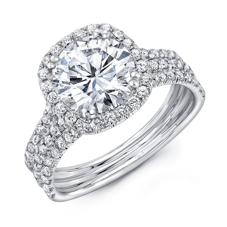 Uneek Round Diamond Engagement Ring with Cushion-Shaped Halo and Pave Triple Shank