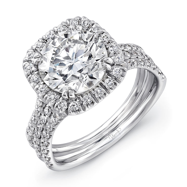 Uneek Round Diamond Engagement Ring with Cushion-Shaped Halo and Pave Triple Shank